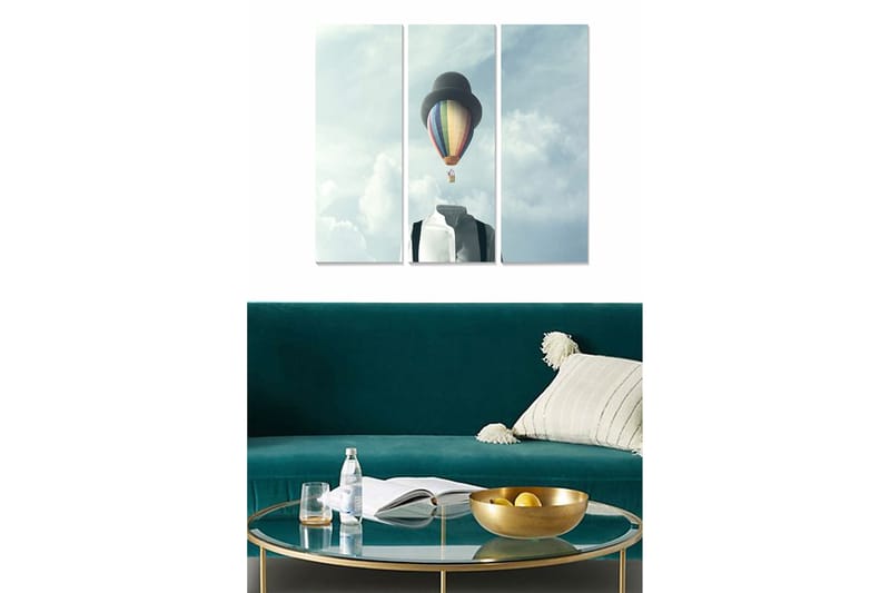 Puinen canvas-taulu, 3 osaa, 50x70 cm - Musta hattu ja paita, jossa leijuu kuumailmapallo taivaalla, Sininen / Harmaa / Sateenkaari