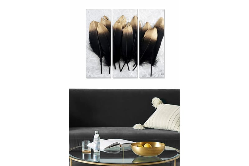 Puinen canvas-taulu, 3 osaa, 50x70 cm - Mustat ja kultaiset höyhenet elegantissa sommitelmassa, Musta / Kulta