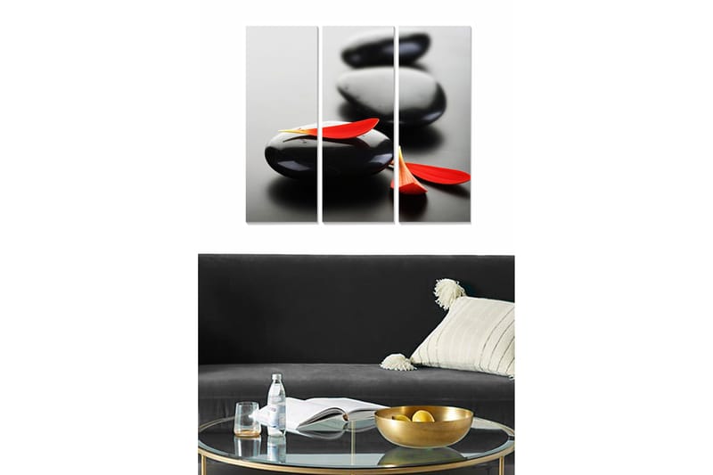 Puinen canvas-taulu, 3 osaa, 50x70 cm - Mustat kivet ja punaiset kukkaterälehdet, Musta / Punainen