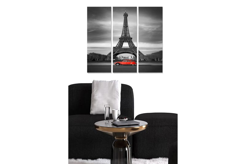Puinen canvas-taulu, 3 osaa, 50x70 cm - mustavalkoinen kuva Eiffel-tornista, etualalla punainen auto - Punainen / Musta / Harmaa - Sisustustuotteet - Taulu & taide - Canvas-taulu