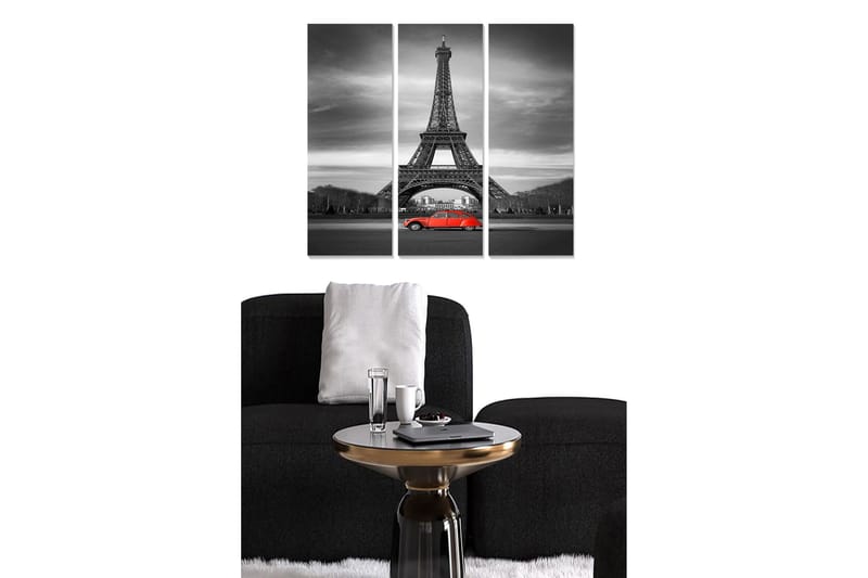 Puinen canvas-taulu, 3 osaa, 50x70 cm - mustavalkoinen kuva Eiffel-tornista, etualalla punainen auto, Punainen / Musta / Harmaa