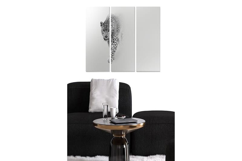 Puinen canvas-taulu, 3 osaa, 50x70 cm - mustavalkoinen leopardi liikkeessä, Musta / Valkoinen