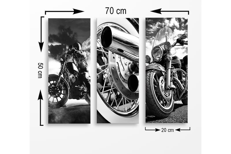 Puinen canvas-taulu, 3 osaa, 50x70 cm - Mustavalkoiset moottoripyörät dynaamisessa sommittelussa - Musta / Valkoinen / Harmaa - Sisustustuotteet - Taulu & taide - Canvas-taulu