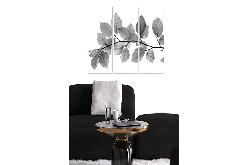 Puinen canvas-taulu, 3 osaa, 50x70 cm - Mustavalkoisia lehtiä oksalla, Musta / Harmaa / Valkoinen