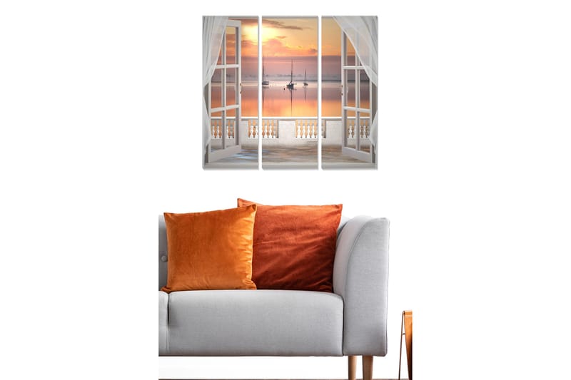 Puinen canvas-taulu, 3 osaa, 50x70 cm - Näkymä purjeveneistä auringonlaskun aikaan avoimesta ikkunasta, Oranssi / Vaaleansininen / Valkoinen