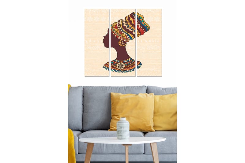 Puinen canvas-taulu, 3 osaa, 50x70 cm - Naisen siluetti värikkäässä päähineessä ja perinteisissä kuvioissa, Tummanruskea / Keltainen / Punainen