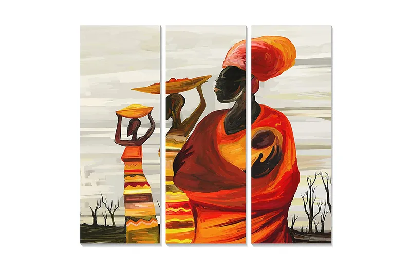 Puinen canvas-taulu, 3 osaa, 50x70 cm - Naiset kantavat hedelmiä päänsä päällä värikkäässä ja kulttuurillisessa sommitelmassa, Oranssi / Keltainen / Punainen