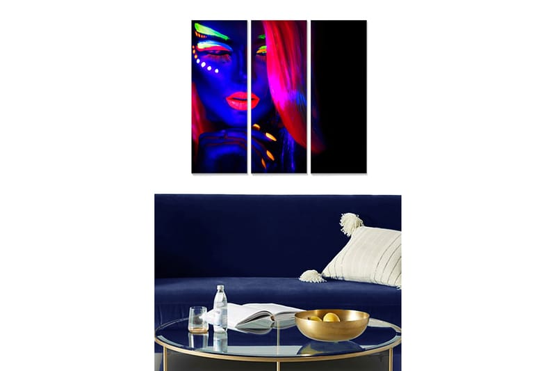Puinen canvas-taulu, 3 osaa, 50x70 cm - Neonvärinen muotokuva dramaattisella meikillä varustetusta naisesta - Sininen / Vaaleanpunainen / Vihreä - Sisustustuotteet - Taulu & taide - Canvas-taulu
