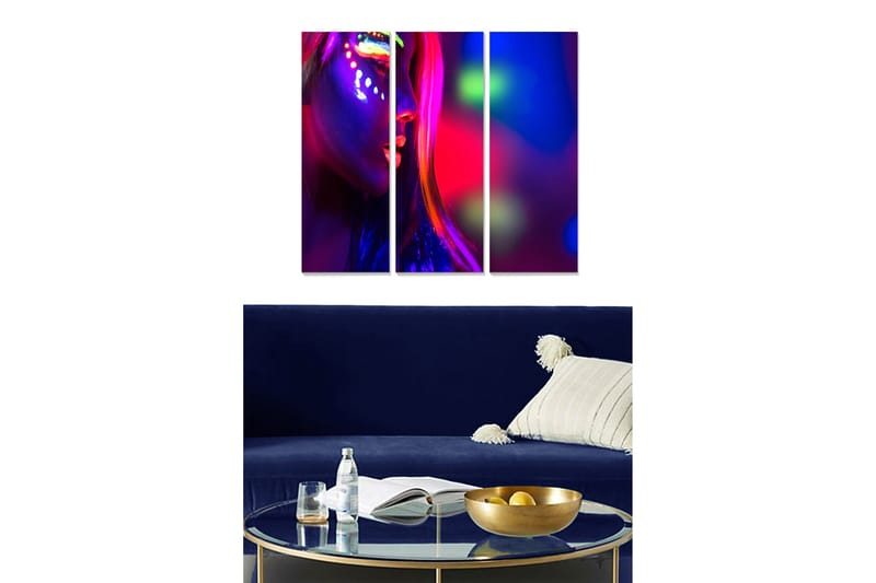 Puinen canvas-taulu, 3 osaa, 50x70 cm - Neonvärinen muotokuva naisesta kasvomaalauksella, Violetti / Vaaleanpunainen / Vihreä