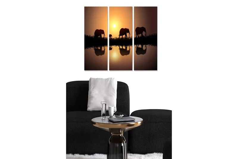 Puinen canvas-taulu, 3 osaa, 50x70 cm - Norsujen siluetit auringonlaskussa, Tummanruskea / Oranssi / Musta