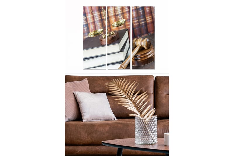 Puinen canvas-taulu, 3 osaa, 50x70 cm - Oikeudellista symboliikkaa vaa'oilla, nuijalla ja kirjoilla, Kulta / Ruskea / Valkoinen
