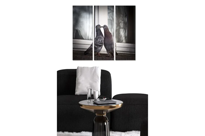Puinen canvas-taulu, 3 osaa, 50x70 cm - Rakastava kyyhkypari ikkunan äärellä, Harmaa / Musta / Ruskea