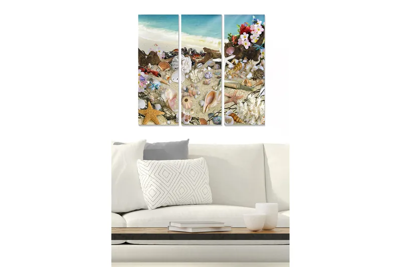Puinen canvas-taulu, 3 osaa, 50x70 cm - Ranta-aihe simpukoilla ja kukilla, Sininen / Beige / Vaaleanpunainen