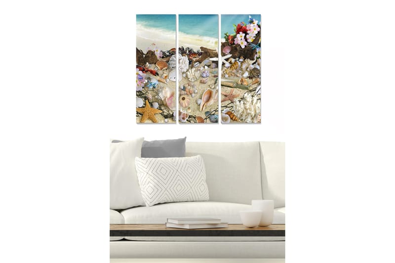 Puinen canvas-taulu, 3 osaa, 50x70 cm - Ranta-aihe simpukoilla ja kukilla, Sininen / Beige / Vaaleanpunainen