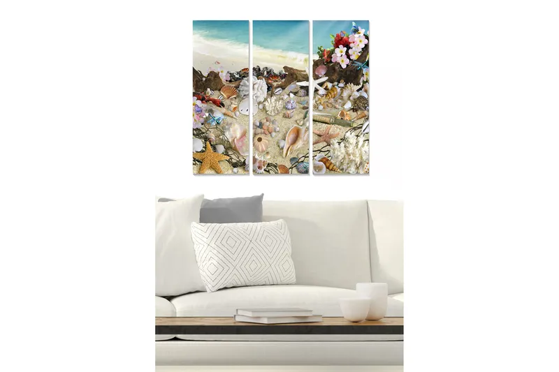 Puinen canvas-taulu, 3 osaa, 50x70 cm - Ranta-aihe simpukoilla ja kukilla, Sininen / Beige / Vaaleanpunainen