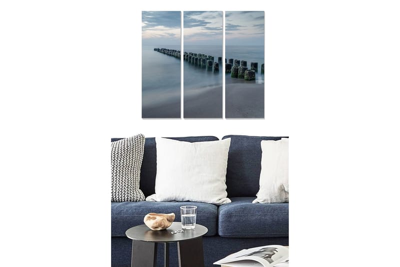 Puinen canvas-taulu, 3 osaa, 50x70 cm - Rauha meren rannalla, rivi paaluja vedessä, Sininen / Harmaa / Vihreä