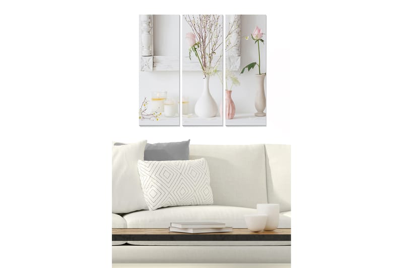 Puinen canvas-taulu, 3 osaa, 50x70 cm - Rauhallinen hiljaisuus kukkien ja kynttilöiden kanssa maljakoissa, Vaaleanpunainen / Valkoinen / Beige