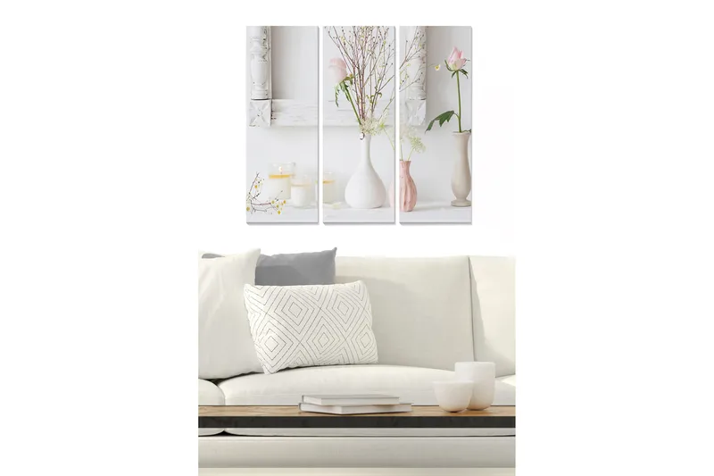 Puinen canvas-taulu, 3 osaa, 50x70 cm - Rauhallinen hiljaisuus kukkien ja kynttilöiden kanssa maljakoissa, Vaaleanpunainen / Valkoinen / Beige