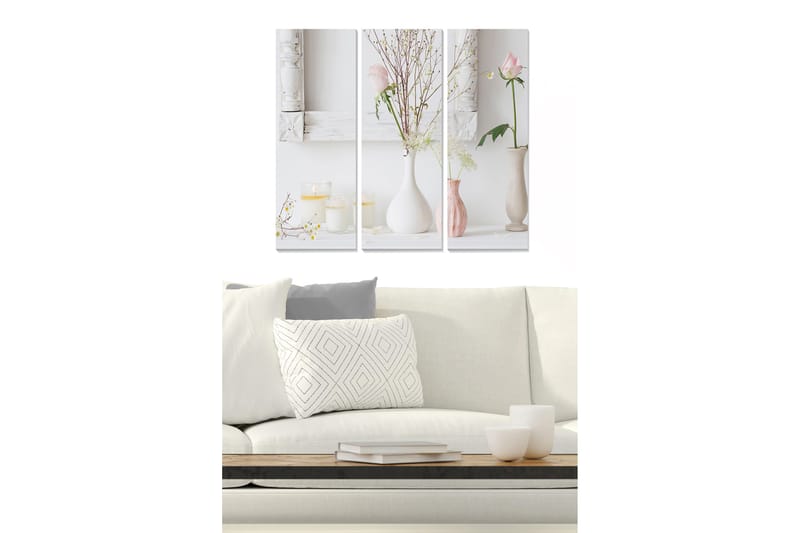 Puinen canvas-taulu, 3 osaa, 50x70 cm - Rauhallinen hiljaisuus kukkien ja kynttilöiden kanssa maljakoissa, Vaaleanpunainen / Valkoinen / Beige