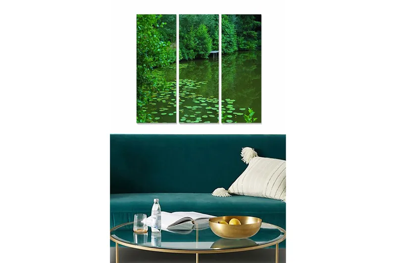 Puinen canvas-taulu, 3 osaa, 50x70 cm - Rehevä järvi ja lumpeet, Tummanvihreä / Vaaleanvihreä