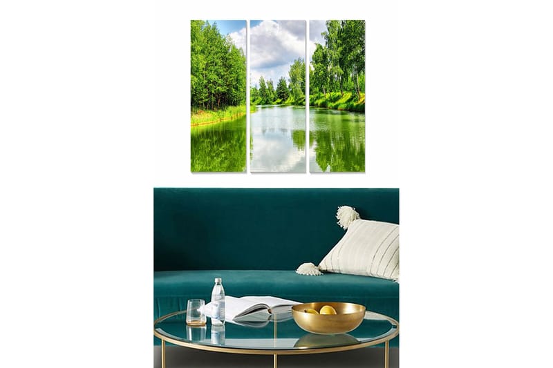 Puinen canvas-taulu, 3 osaa, 50x70 cm - Rehevä maisema peilimäisillä vesipinnoilla, Vihreä / Sininen / Valkoinen