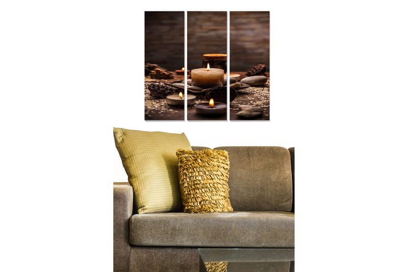 Puinen canvas-taulu, 3 osaa, 50x70 cm - Rentouttava asetelma valolla ja luonnonmateriaaleilla, Tummanruskea / Beige / Harmaa