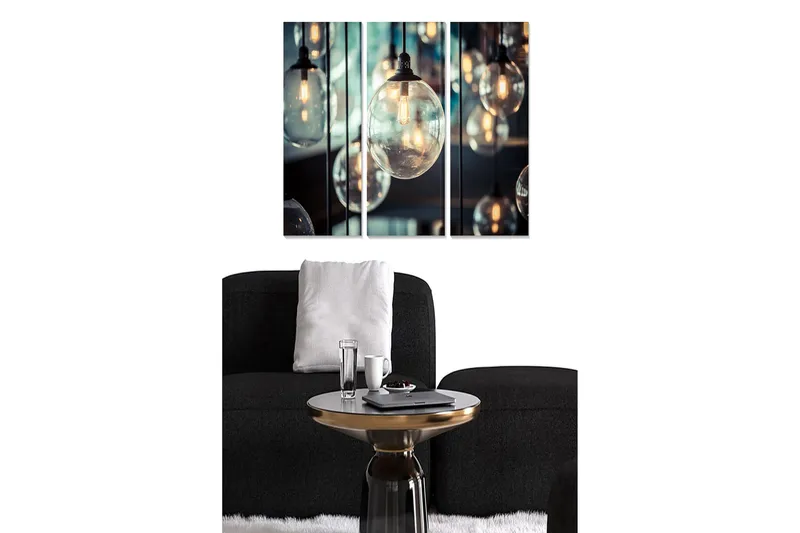 Puinen canvas-taulu, 3 osaa, 50x70 cm - Ripustettavat lamput modernissa sommitelmassa, Kirkas lasi / Musta / Kulta
