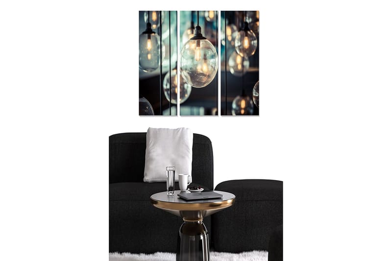 Puinen canvas-taulu, 3 osaa, 50x70 cm - Ripustettavat lamput modernissa sommitelmassa, Kirkas lasi / Musta / Kulta