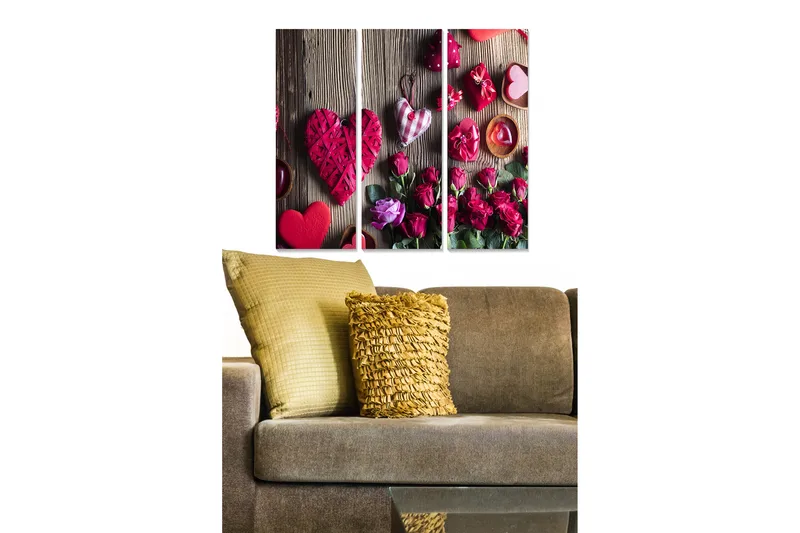 Puinen canvas-taulu, 3 osaa, 50x70 cm - Romanttinen sommitelma sydämillä ja ruusuilla, Punainen / Vaaleanpunainen / Vihreä