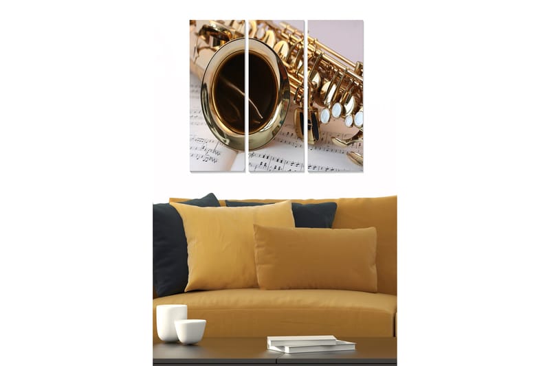 Puinen canvas-taulu, 3 osaa, 50x70 cm - Saksofoni nuoteilla taustalla, Kulta / Valkoinen / Musta