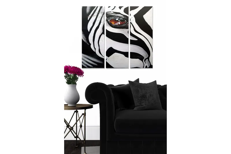 Puinen canvas-taulu, 3 osaa, 50x70 cm - Seepra silmin, Musta / Valkoinen / Ruskea