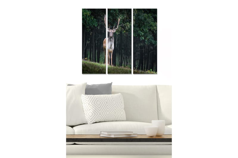 Puinen canvas-taulu, 3 osaa, 50x70 cm - Seisova peura metsäympäristössä, Vihreä / Ruskea / Musta