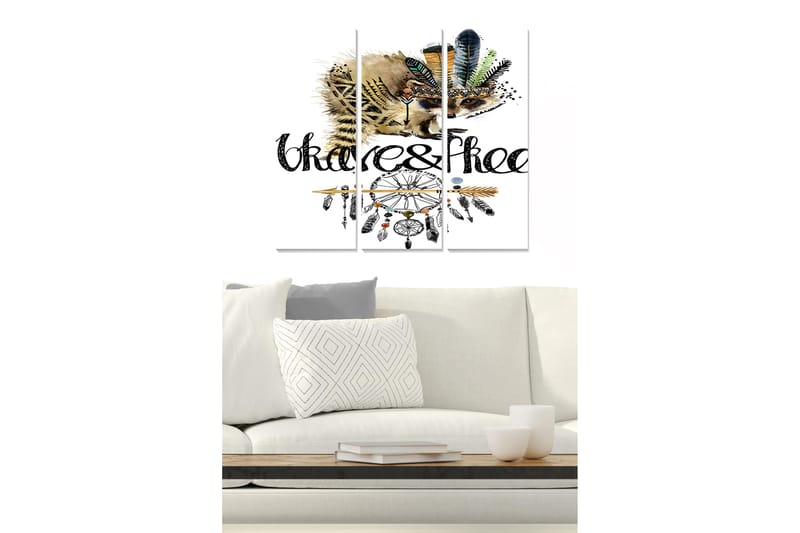 Puinen canvas-taulu, 3 osaa, 50x70 cm - Siili höyhenillä ja unisiepparilla, Musta / Ruskea / Vihreä