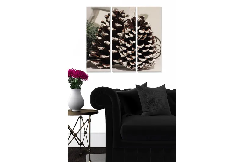 Puinen canvas-taulu, 3 osaa, 50x70 cm - Suuret kävyt lumivalkoisilla latvoilla, Ruskea / Valkoinen / Vihreä