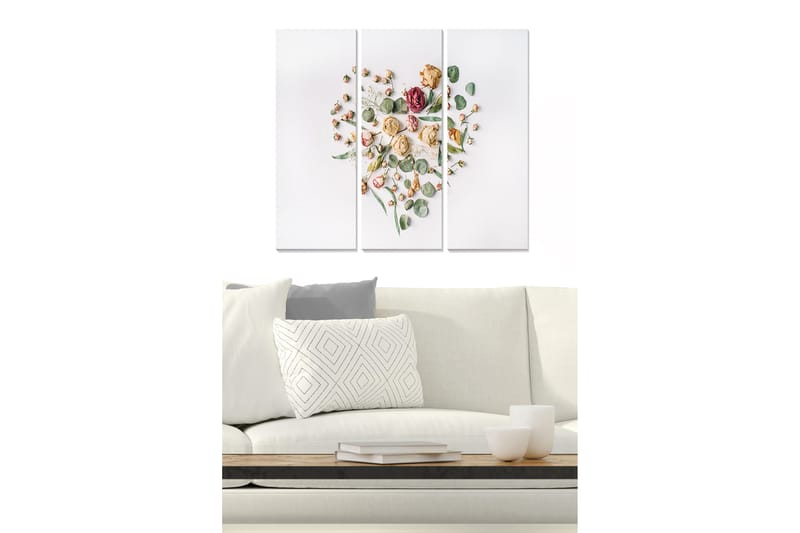 Puinen canvas-taulu, 3 osaa, 50x70 cm - Sydämenmuotoinen sommitelma kuivatuista kukista ja vihreistä lehdistä, Vaaleanpunainen / Vihreä / Beige