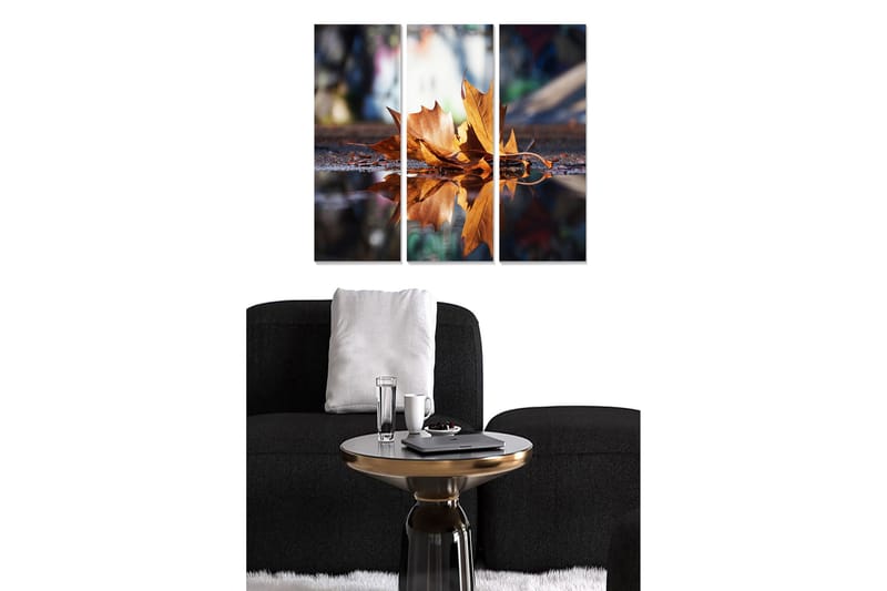 Puinen canvas-taulu, 3 osaa, 50x70 cm - Syksyn lehdet kelluvat veden pinnalla, Kulta / Ruskea / Sininen