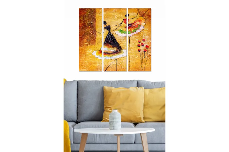 Puinen canvas-taulu, 3 osaa, 50x70 cm - Tanssivia naisia värikkäissä mekoissa - Keltainen / Musta / Punainen - Sisustustuotteet - Taulu & taide - Canvas-taulu