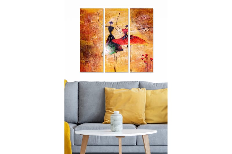 Puinen canvas-taulu, 3 osaa, 50x70 cm - Tanssivia naisia värikkäissä mekoissa, Oranssi / Punainen / Musta