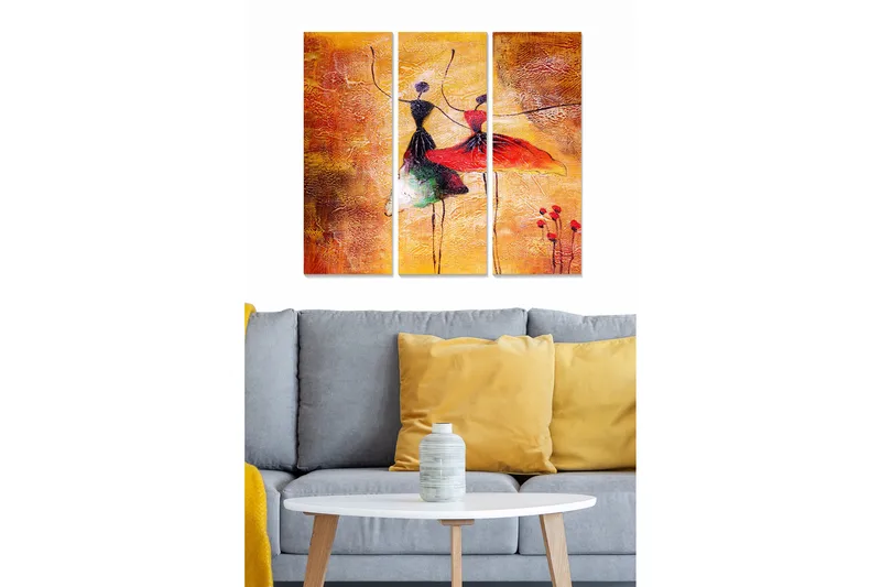 Puinen canvas-taulu, 3 osaa, 50x70 cm - Tanssivia naisia värikkäissä mekoissa, Oranssi / Punainen / Musta