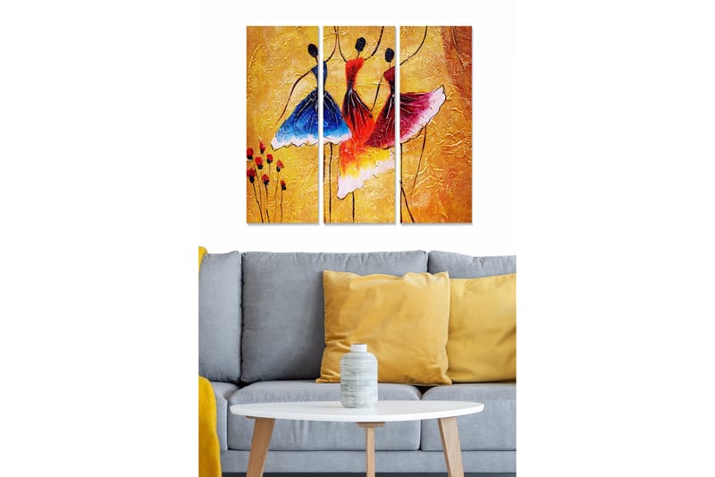 Puinen canvas-taulu, 3 osaa, 50x70 cm - Tanssivia naisia värikkäissä mekoissa, Sininen / Punainen / Keltainen