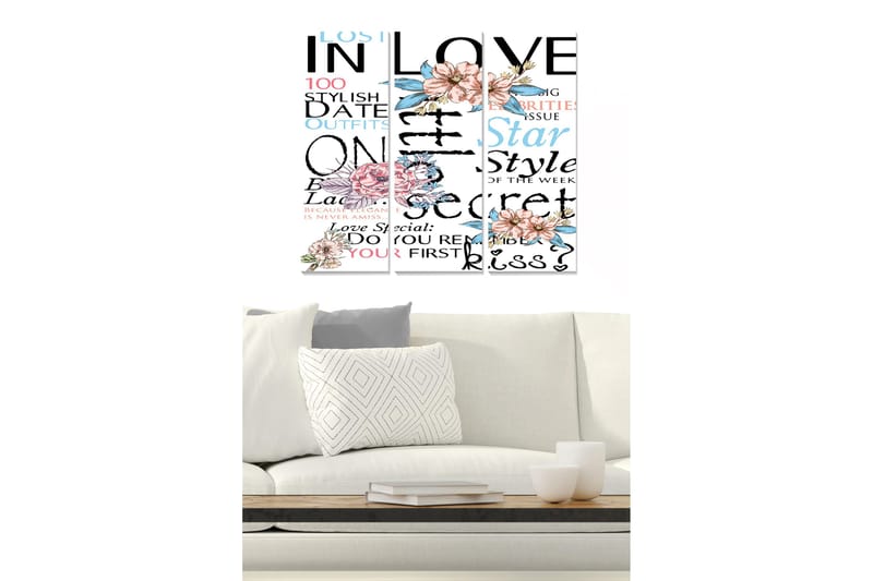 Puinen canvas-taulu, 3 osaa, 50x70 cm - Tekstipohjainen sommitelma kukilla ja romanttisilla elementeillä, Vaaleanpunainen / Sininen / Musta