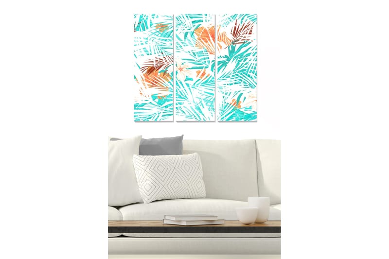 Puinen canvas-taulu, 3 osaa, 50x70 cm - Trooppinen palmusommitelma kirkkailla väreillä, Turkoosi / Oranssi / Valkoinen
