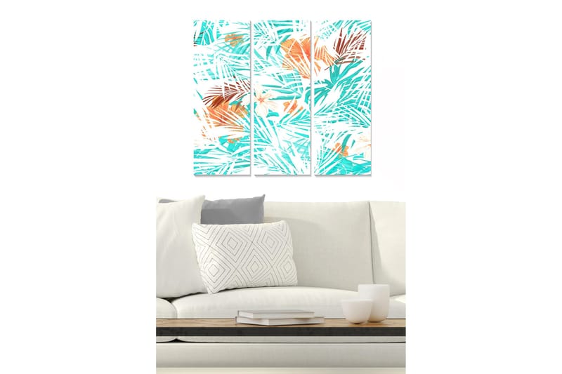 Puinen canvas-taulu, 3 osaa, 50x70 cm - Trooppinen palmusommitelma kirkkailla väreillä, Turkoosi / Oranssi / Valkoinen