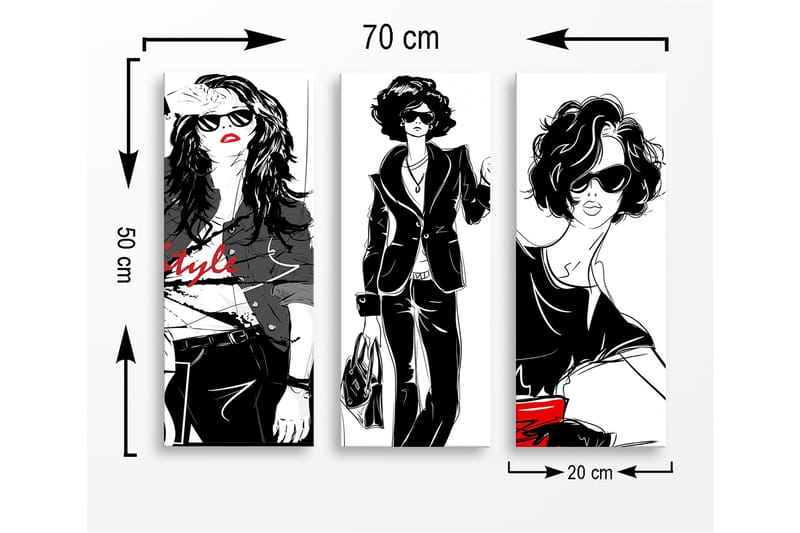 Puinen canvas-taulu, 3 osaa, 50x70 cm - Tyylikkäät naiset muodikkaissa vaatteissa ja aurinkolaseissa - Musta / Punainen / Valkoinen - Sisustustuotteet - Taulu & taide - Canvas-taulu