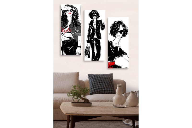 Puinen canvas-taulu, 3 osaa, 50x70 cm - Tyylikkäät naiset muodikkaissa vaatteissa ja aurinkolaseissa, Musta / Punainen / Valkoinen