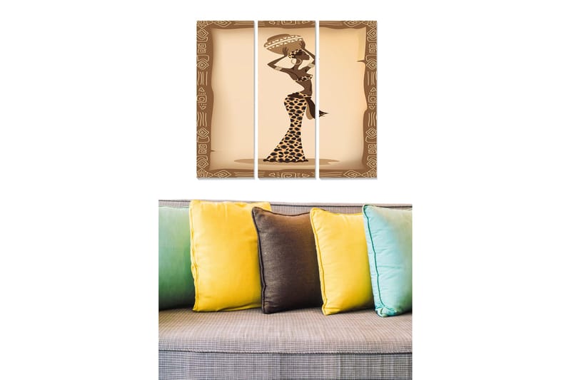 Puinen canvas-taulu, 3 osaa, 50x70 cm - Tyylitelty nainen perinteisissä vaatteissa ja päähineessä, Ruskea / Beige / Musta