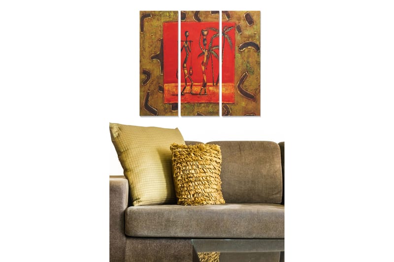 Puinen canvas-taulu, 3 osaa, 50x70 cm - Tyylitelty veistos kahdesta ihmisestä ja palmuista punaisissa kehyksissä, Punainen / Keltainen / Ruskea