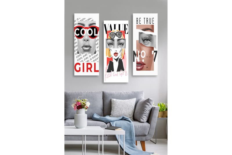 Puinen canvas-taulu, 3 osaa, 50x70 cm - Tyyliteltyjä muotokuvia naisista moderneilla elementeillä, Punainen / Musta / Ihonväri