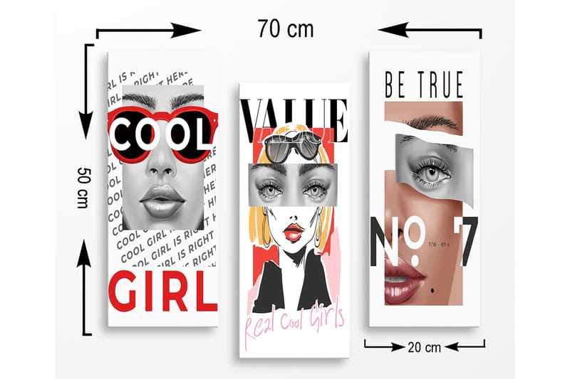 Puinen canvas-taulu, 3 osaa, 50x70 cm - Tyyliteltyjä muotokuvia naisista moderneilla elementeillä - Punainen / Musta / Ihonväri - Sisustustuotteet - Taulu & taide - Canvas-taulu