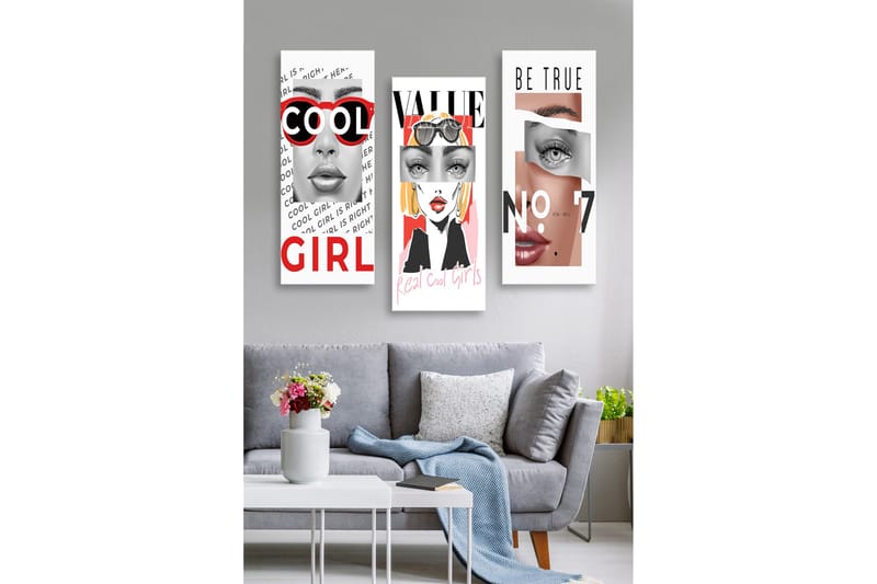 Puinen canvas-taulu, 3 osaa, 50x70 cm - Tyyliteltyjä muotokuvia naisista moderneilla elementeillä, Punainen / Musta / Ihonväri